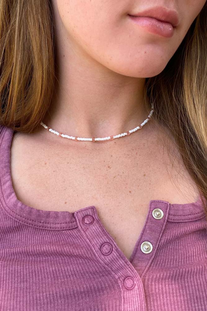 White &amp; Pink Beaded Choker Necklace