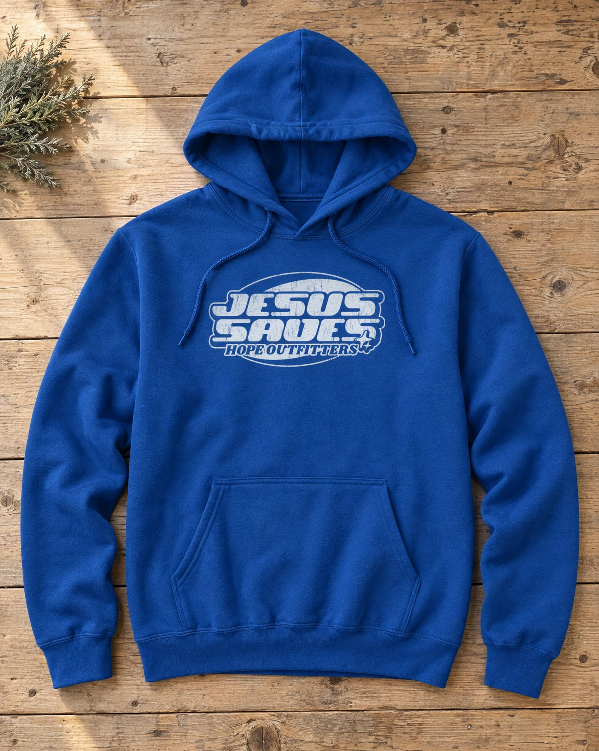 Flat lay of the Royal blue Jesus Saves Retro hoodie with white print