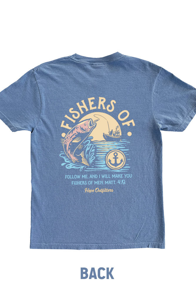 Blue Fishers of Men Christian t-shirt, blue with Fishers of Men back print, back flat lay