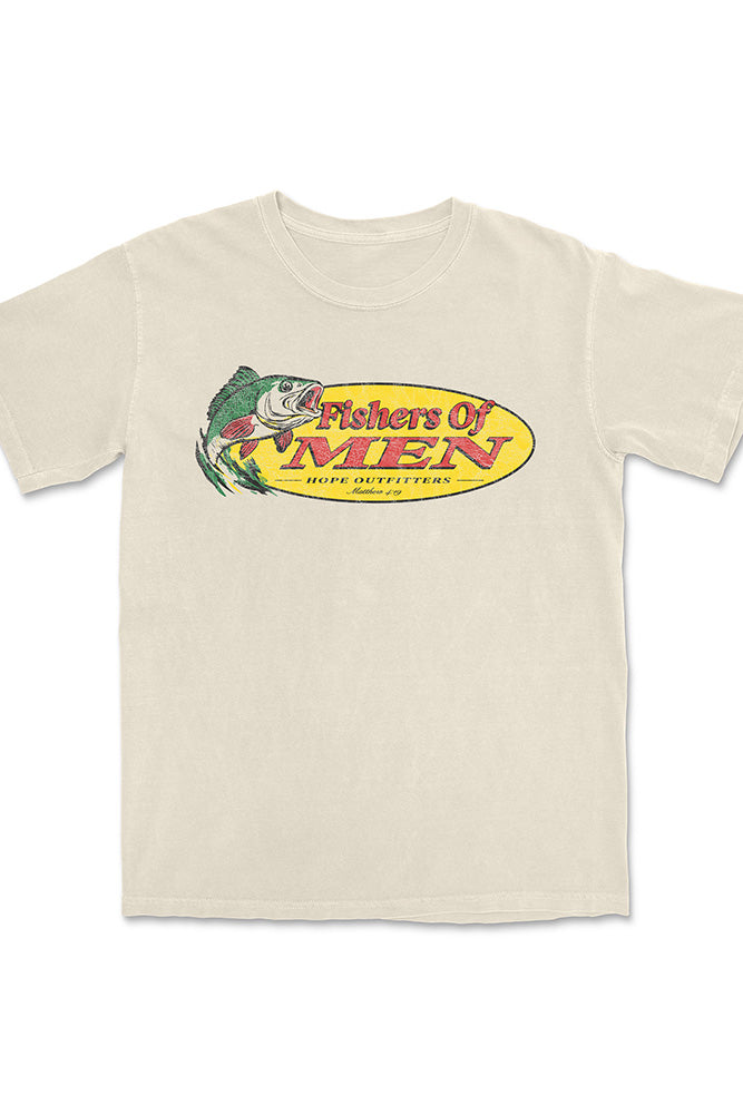 Natural Fishers of Men Christian t-shirt, cream with bass fish print, front flat lay