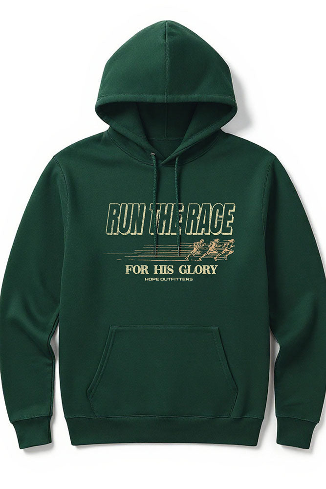 Run the Race of Faith Christian hoodie, forest green with Run the Race print, front flat lay
