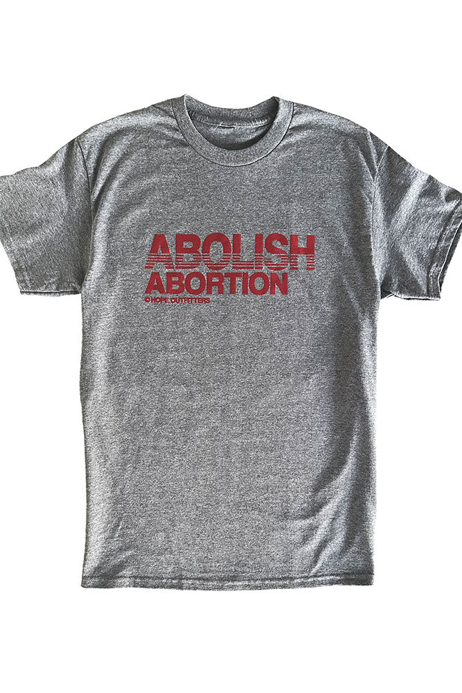 Abolish Abortion Christian t-shirt, heather gray with red Abolish Abortion print, front flat lay