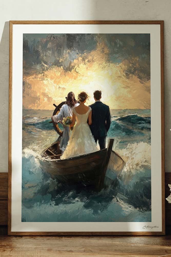 Guided by Him painting by Chris Brazelton in an oak frame, couple in a boat on a stormy sea
