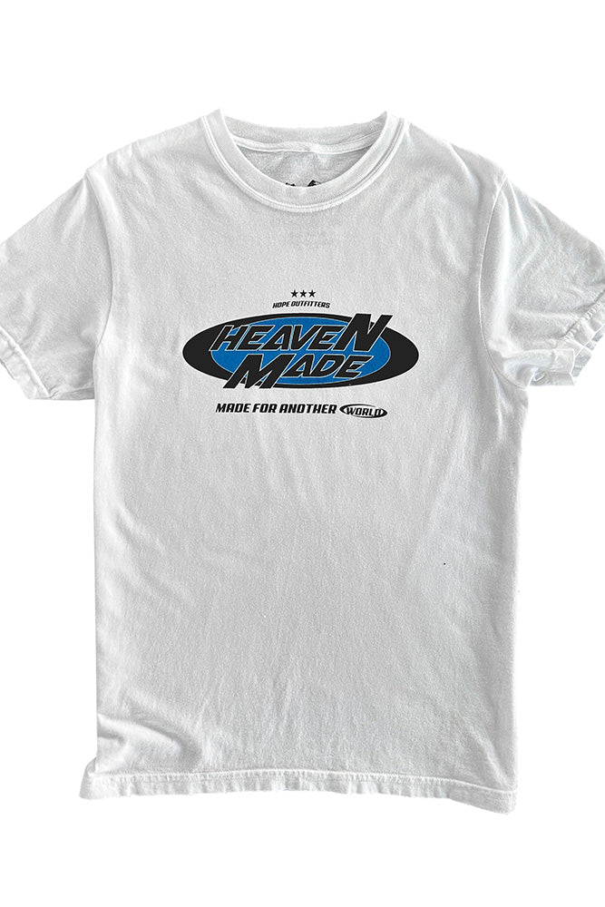 Heaven Made Christian t-shirt, white with blue oval print, front flat lay