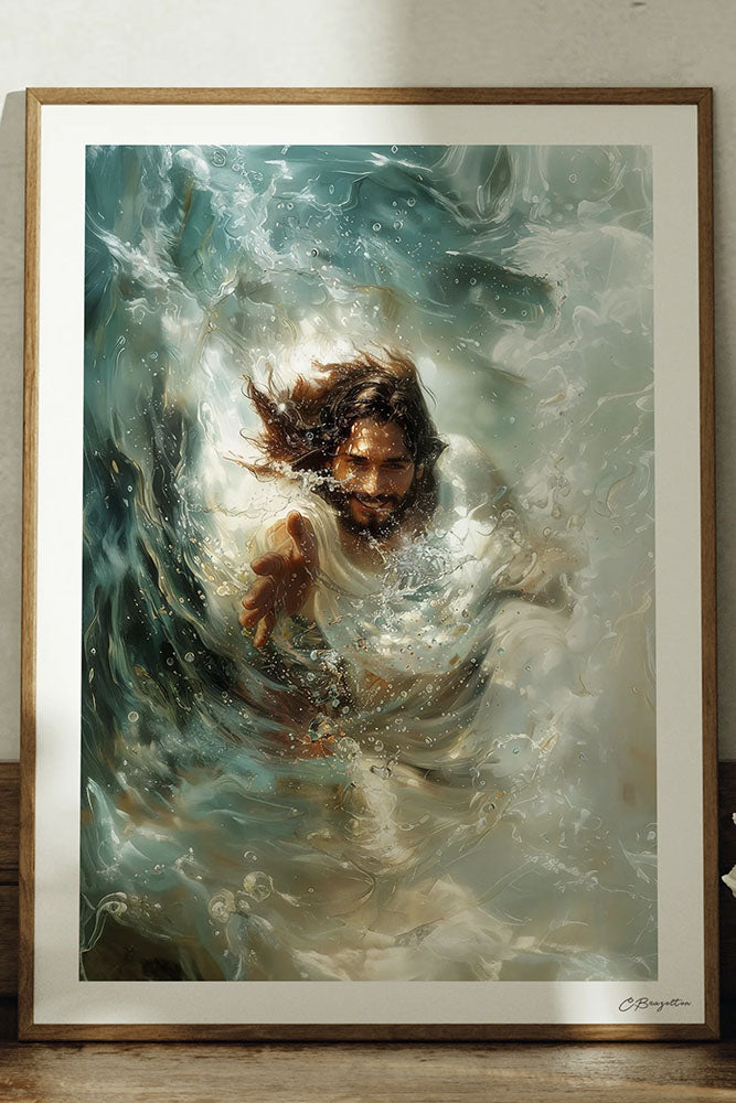 Jesus Saves painting by Chris Brazelton in an oak frame, Jesus reaching through crashing waves
