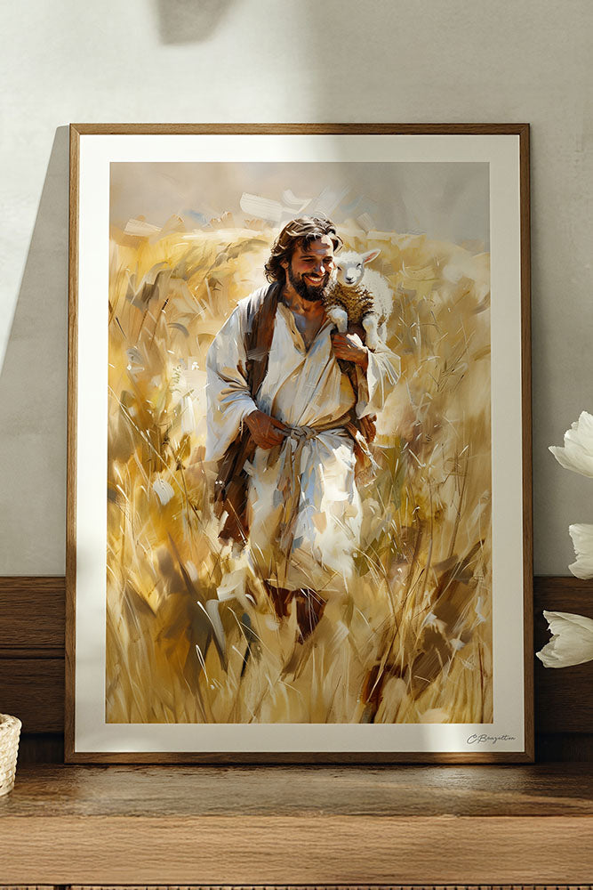 Joyful Shepherd Art - Hand-Painted or Printed - Oak Frame