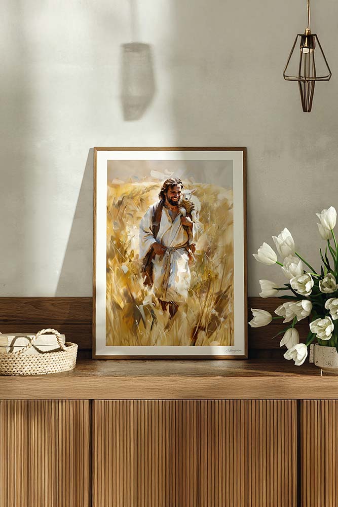Joyful Shepherd Art - Hand-Painted or Printed - Oak Frame