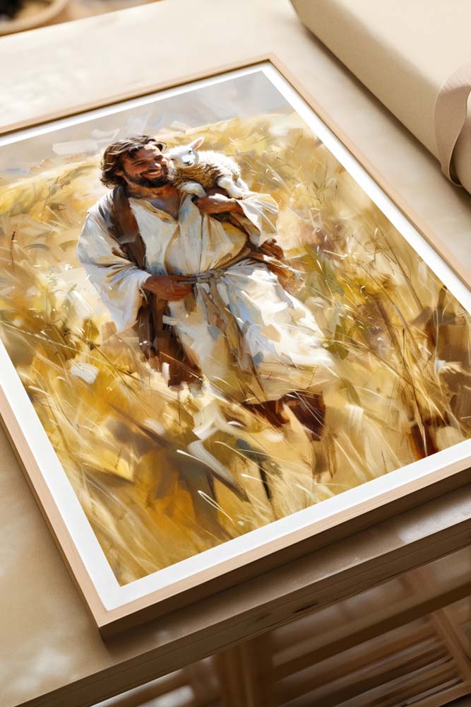 Joyful Shepherd Art - Hand-Painted or Printed - Oak Frame