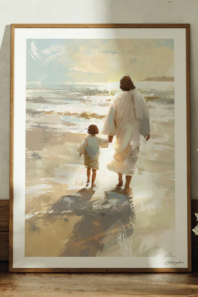 Morning Sun painting by Chris Brazelton in an oak frame, Jesus walking with a child on the beach