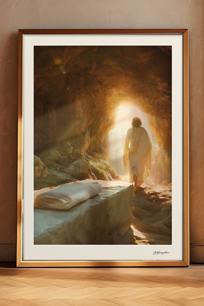 Victory painting by Chris Brazelton in an oak frame, Jesus stepping out of the light-filled tomb