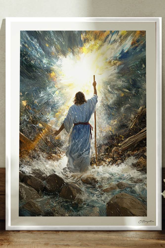 Be Still Christian art, white frame leaning on ledge