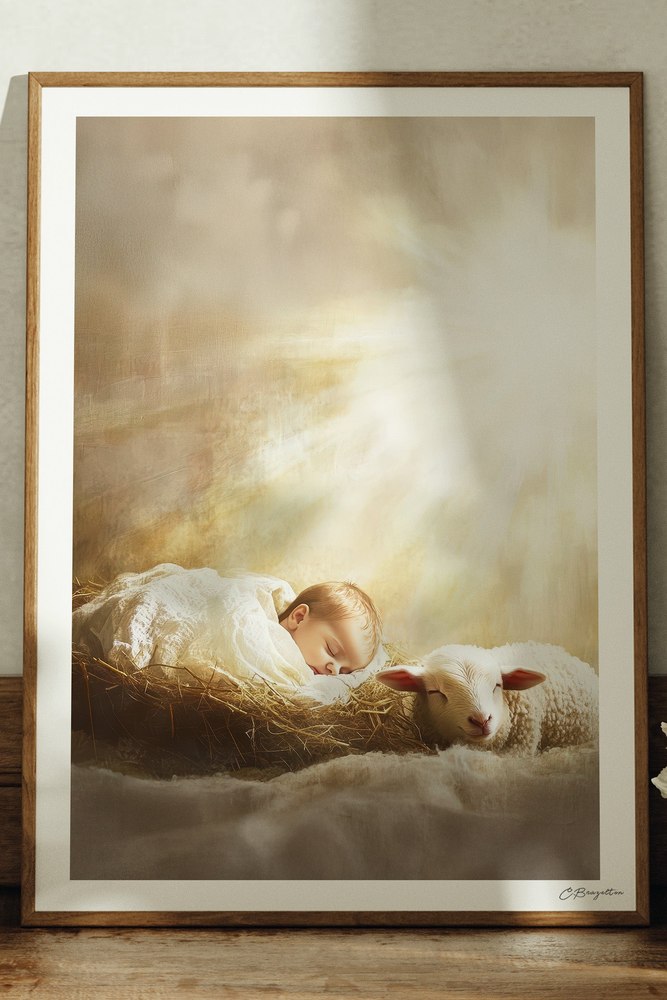 Behold the Lamb Christian art, oak frame leaning on ledge
