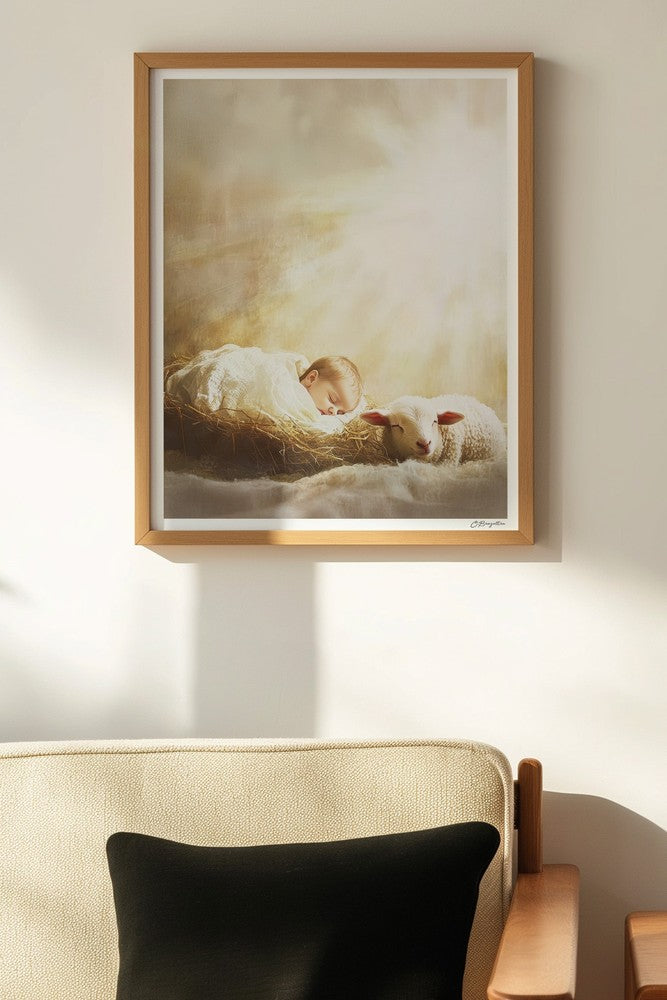Behold the Lamb Christian art, oak frame on wall above chair