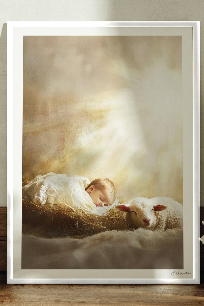 Behold the Lamb Christian art, white frame leaning on ledge
