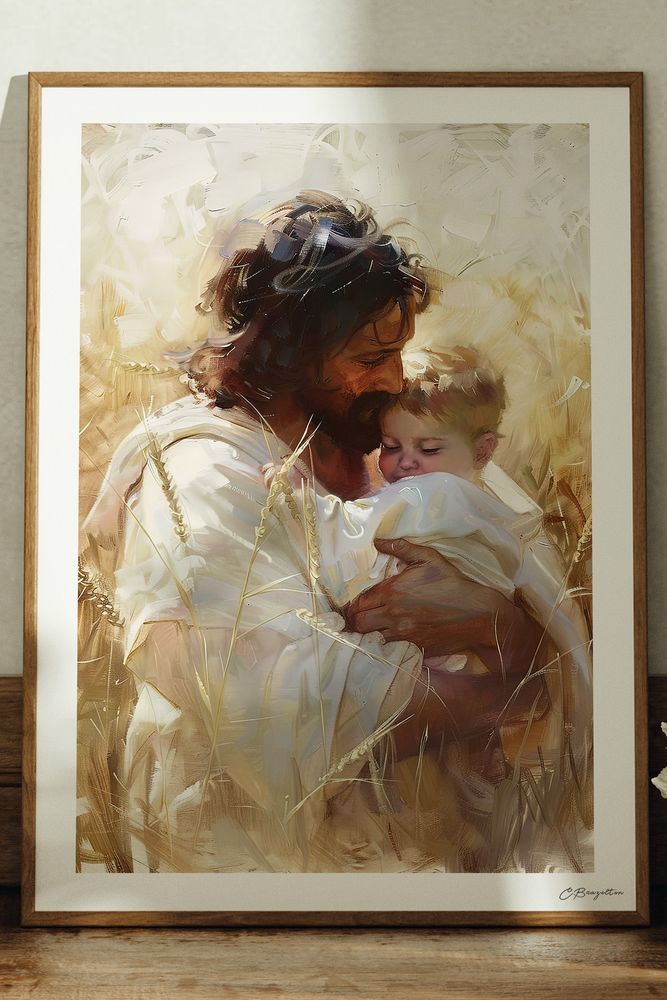 Bless the Children Christian art, oak frame leaning on ledge