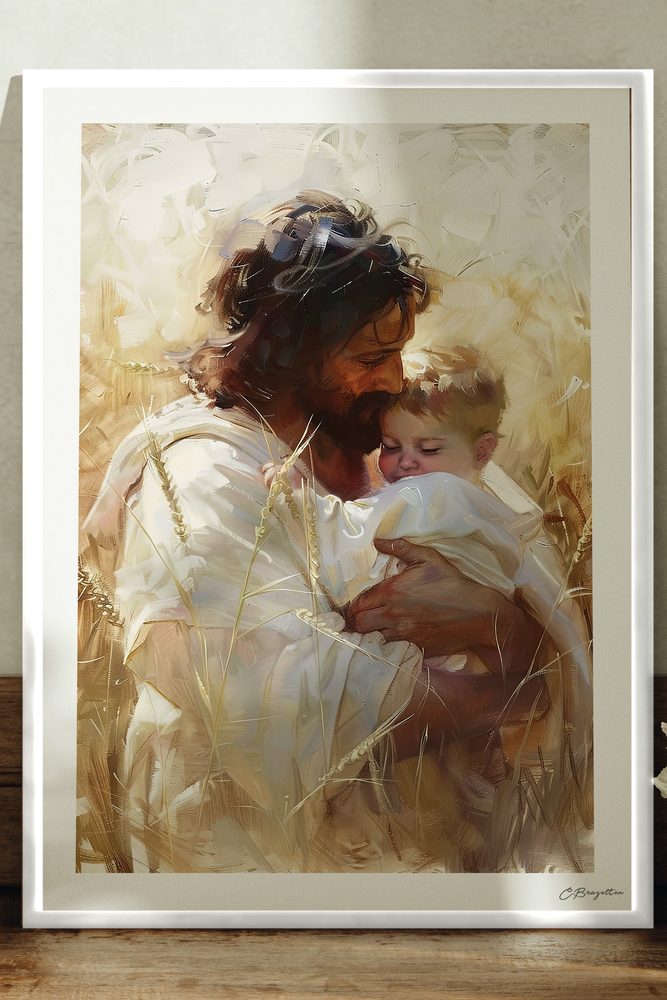 Bless the Children Christian art, white frame leaning on ledge