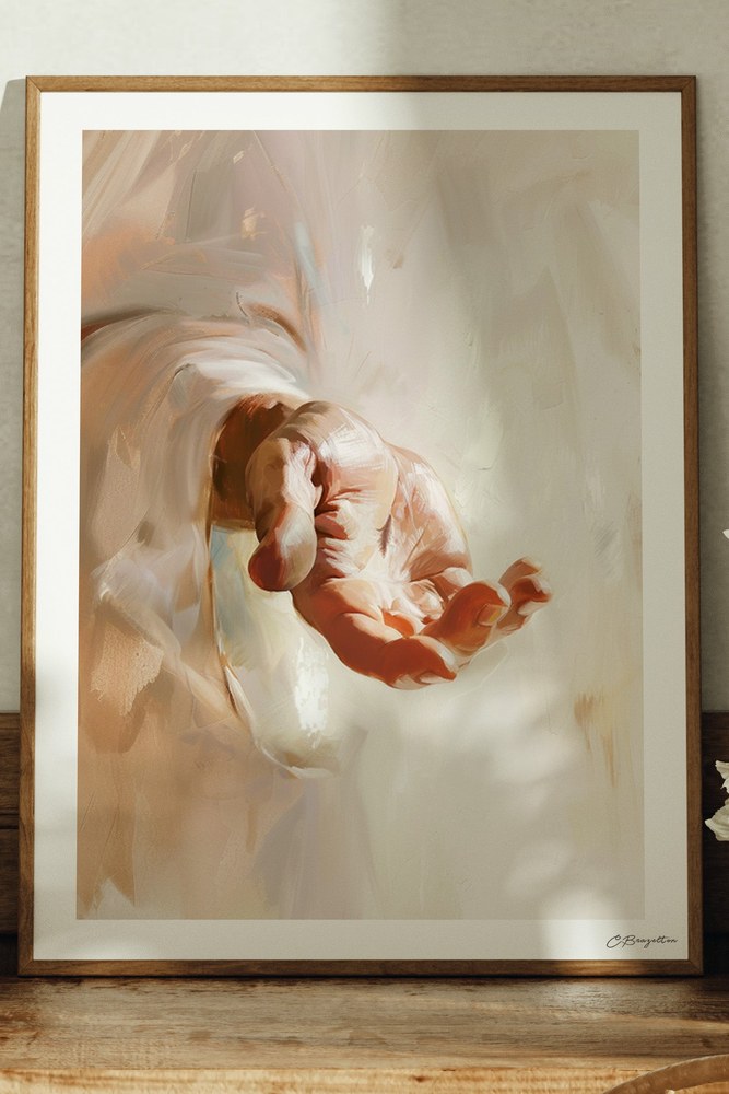 By His Wounds Christian art, dark oak frame leaning on ledge
