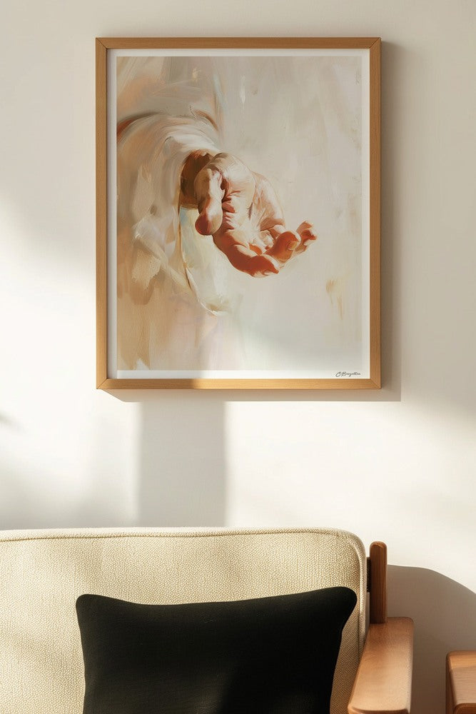 By His Wounds Christian art, oak frame on wall above chair