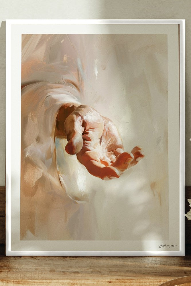 By His Wounds Christian art, white frame leaning on ledge