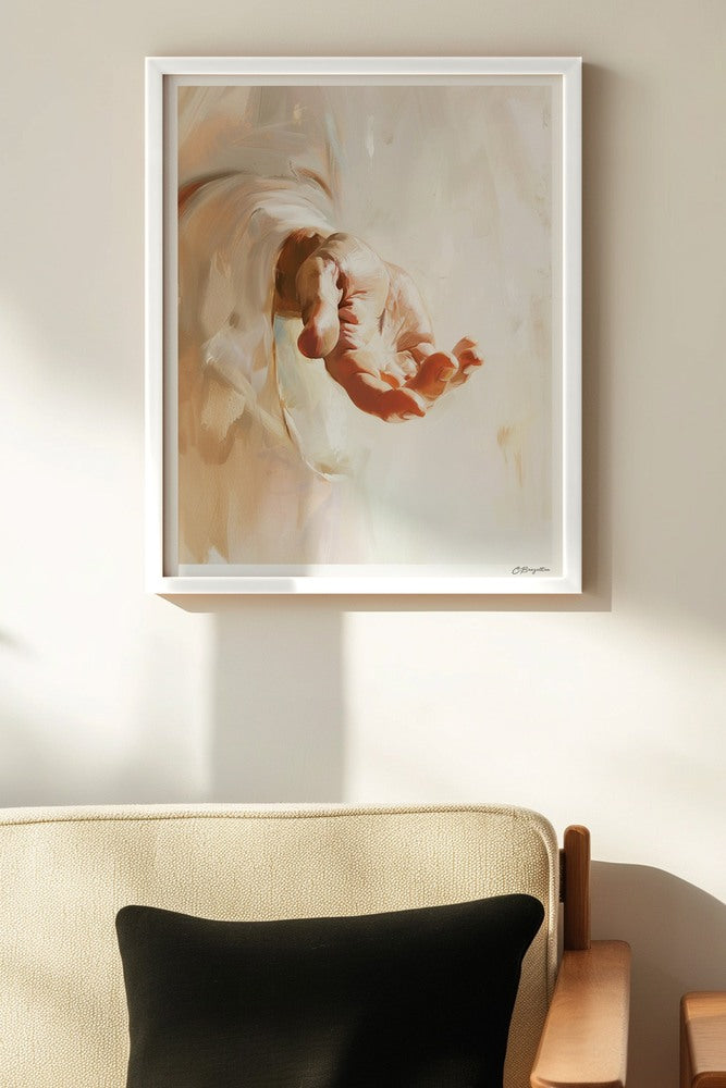By His Wounds Christian art, white frame on wall above chair