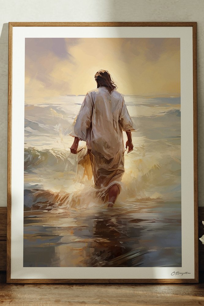 Calming the Storm Christian art, oak frame leaning on ledge