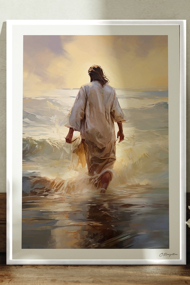 Calming the Storm Christian art, white frame leaning on ledge