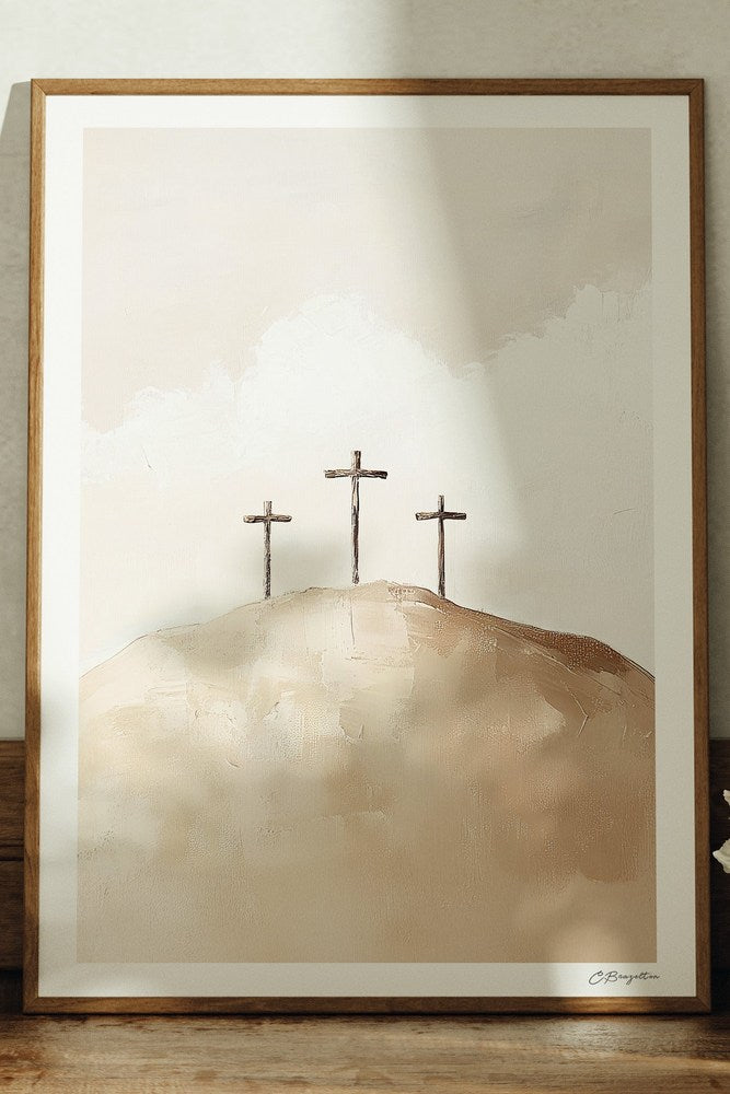 Calvary Christian art, oak frame leaning on ledge