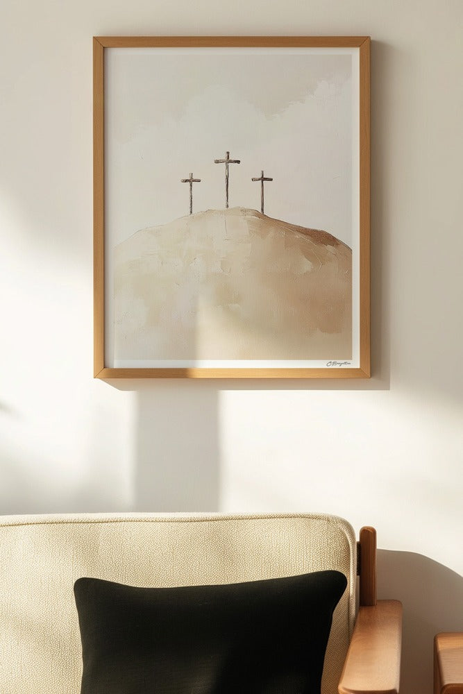 Calvary Christian art, oak frame on wall above chair