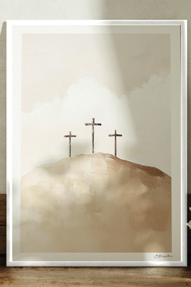 Calvary Christian art, white frame leaning on ledge