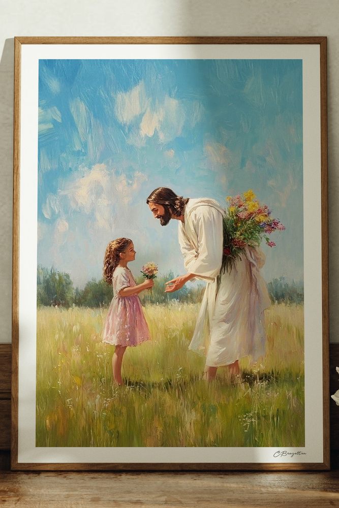 Cheerful Gift Christian art, oak frame leaning on ledge