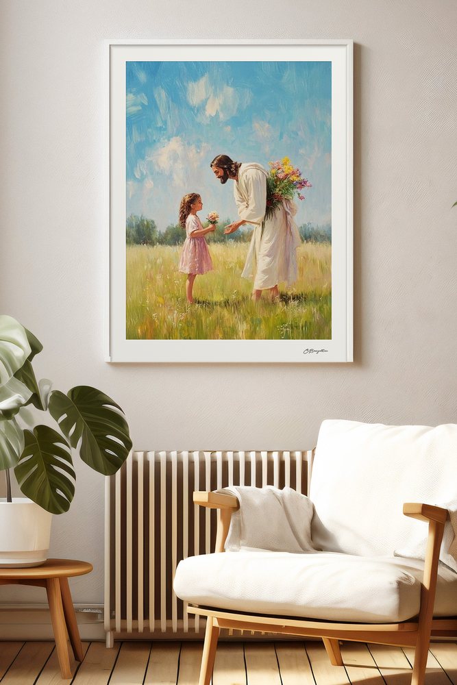 Cheerful Gift Christian art, white frame in living room