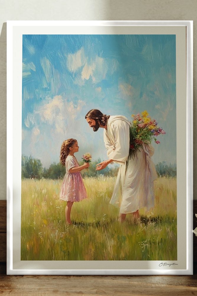 Cheerful Gift Christian art, white frame leaning on ledge