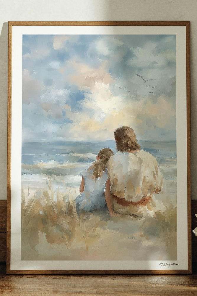 Come Unto Christ #2 Christian art, oak frame leaning on ledge
