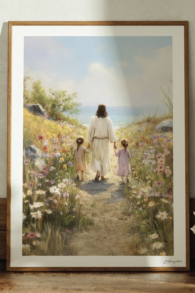 Consider the Lilies Christian art, oak frame leaning on ledge