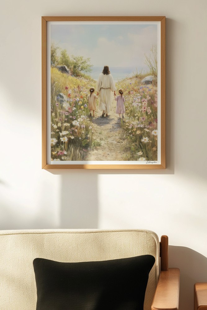 Consider the Lilies Christian art, oak frame on wall above chair