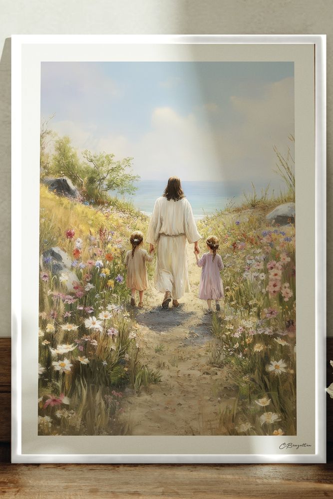 Consider the Lilies Christian art, white frame leaning on ledge