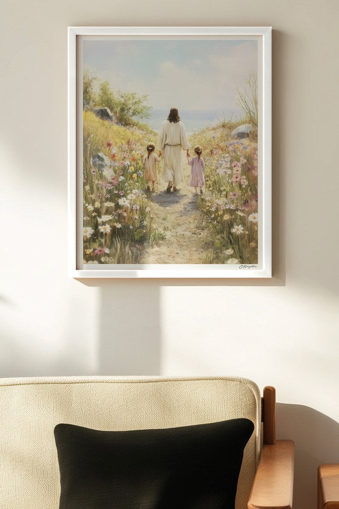 Consider the Lilies Christian art, white frame on wall above chair