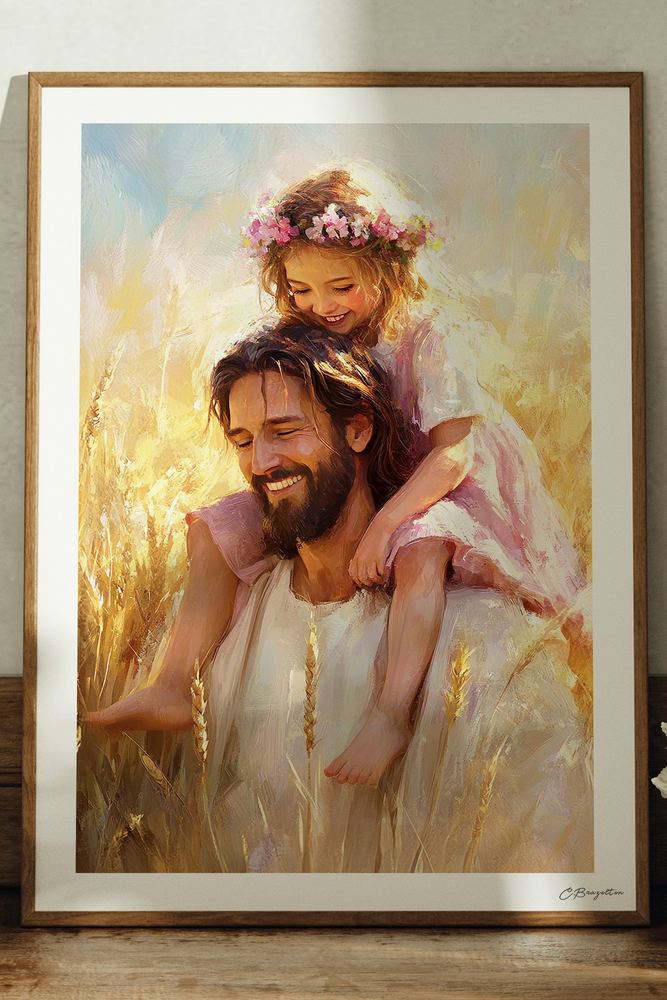 Delight in the Lord Christian art, oak frame leaning on ledge