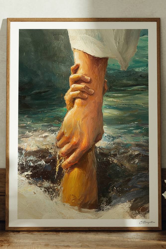 Delivered Christian art, oak frame leaning on ledge