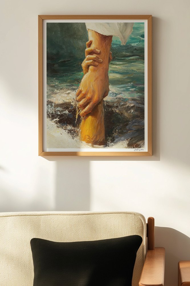 Delivered Christian art, oak frame on wall above chair