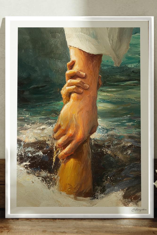 Delivered Christian art, white frame leaning on ledge