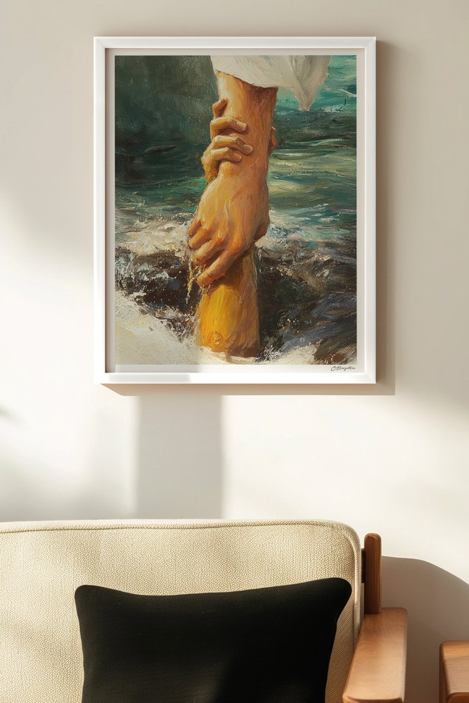 Delivered Christian art, white frame on wall above chair