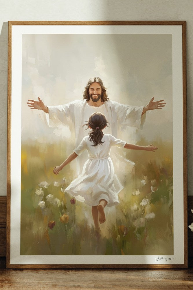 Everlasting Arms Christian art, oak frame leaning on ledge