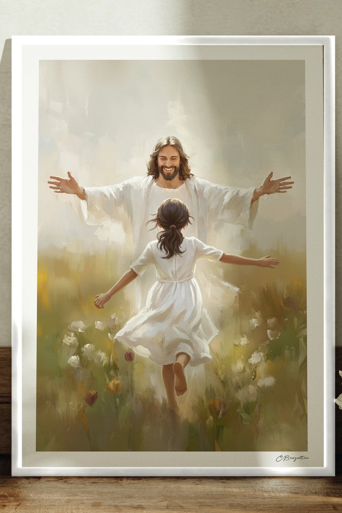 Everlasting Arms Christian art, white frame leaning on ledge