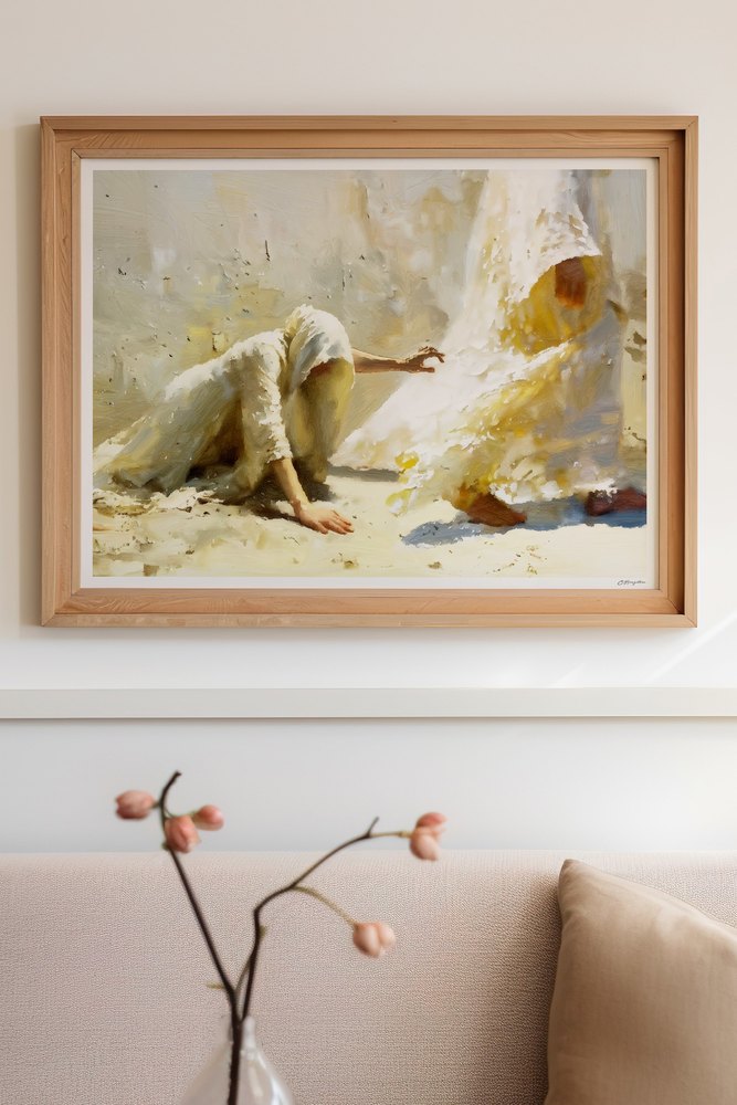 Faith in Him Christian art, oak frame on wall above sofa