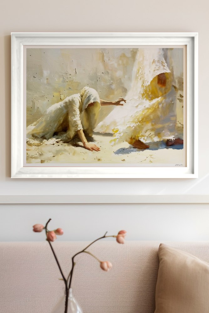Faith in Him Christian art, white frame on wall above sofa