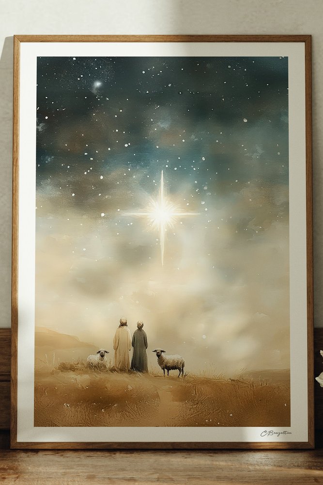 Follow the Light Christian art, oak frame leaning on ledge