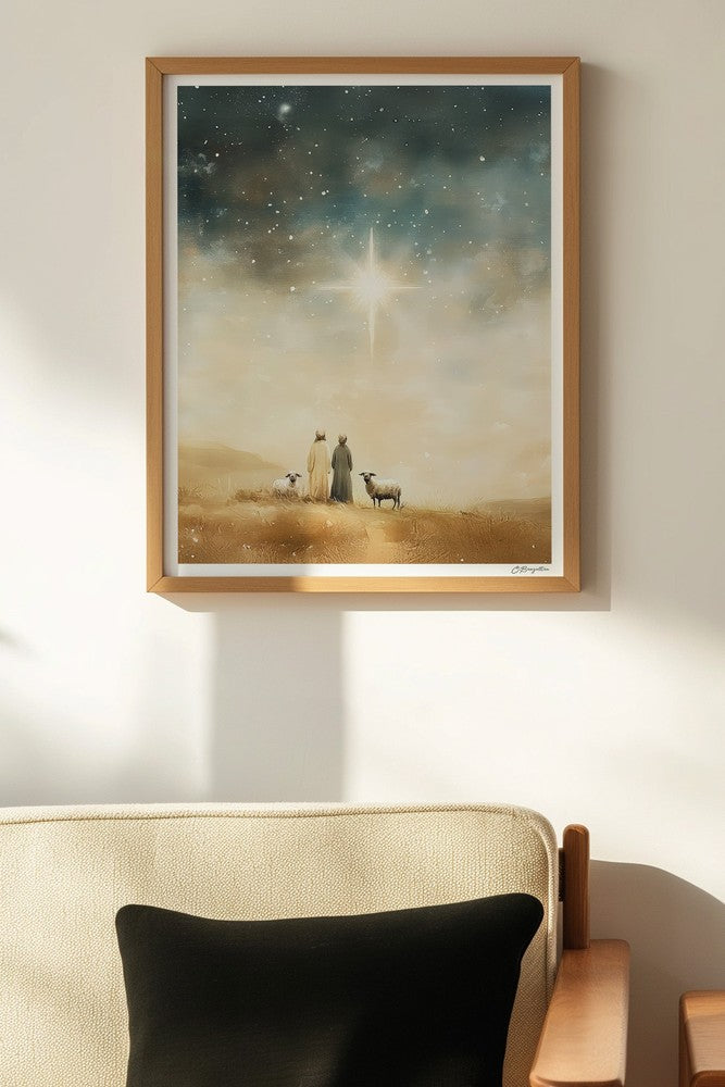 Follow the Light Christian art, oak frame on wall above chair