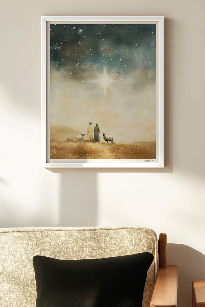 Follow the Light Christian art, white frame on wall above chair