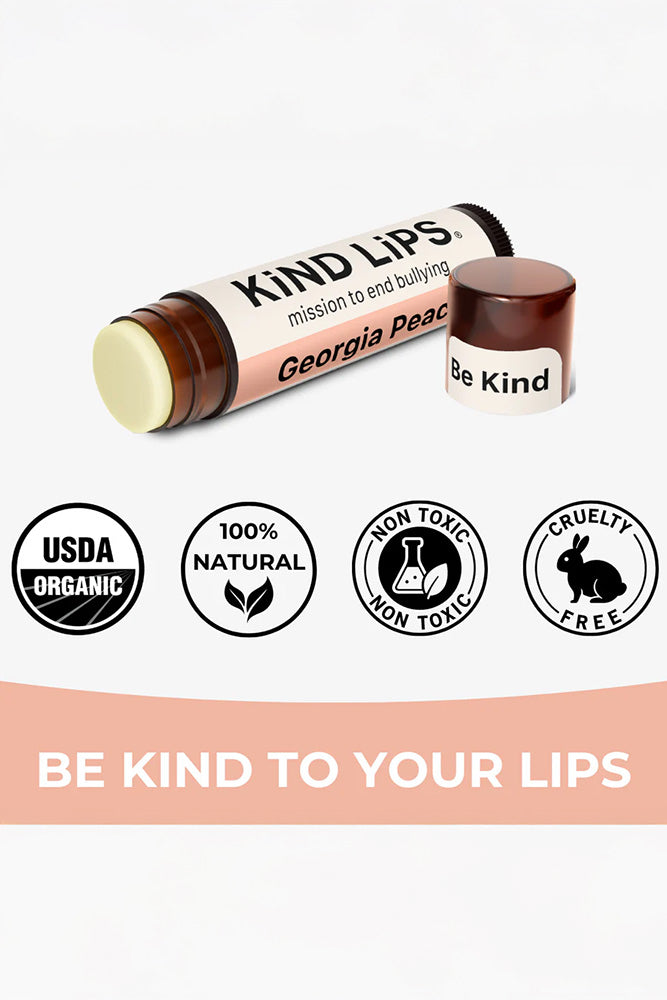 Organic Georgia Peach Chapstick tube with USDA Organic and cruelty-free badges